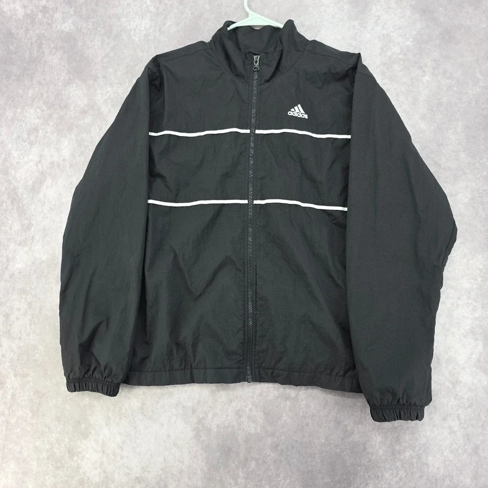 Vintage Adidas Y2K Windbreaker Jacket Mens‎ XL Black White Striped StreetWear 02